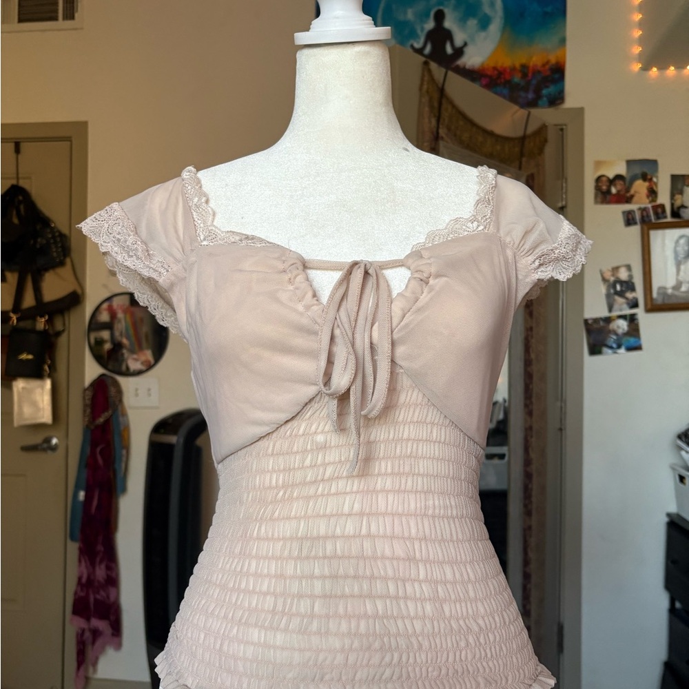 Beige Ruched Top with Lace Trim - Picture 6 of 6